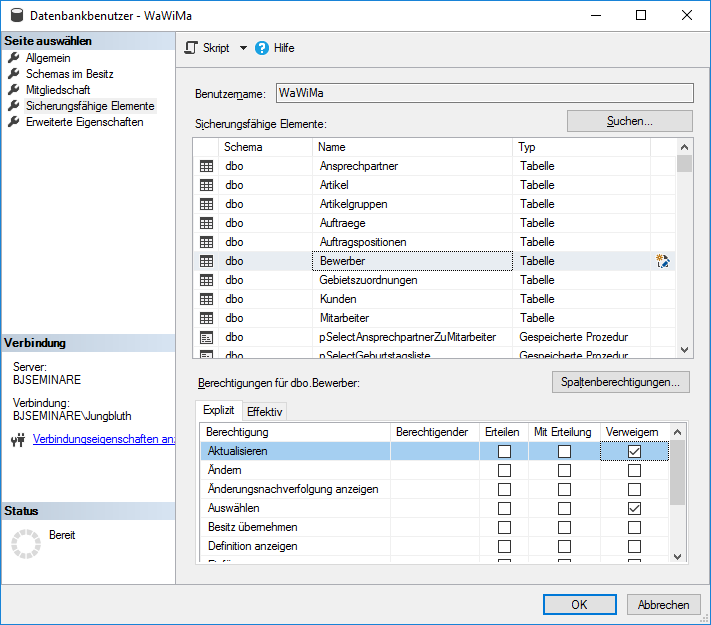 Verweigerter Zugriff auf eine Tabelle